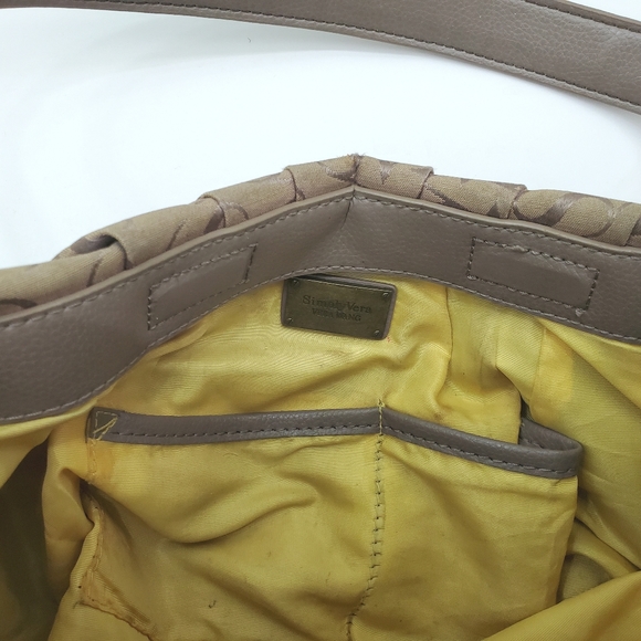 Simply Vera VERA WANG Taupe Pleated Hobo Handbag Magnetic Closure Monogram Logo - Picture 4 of 5